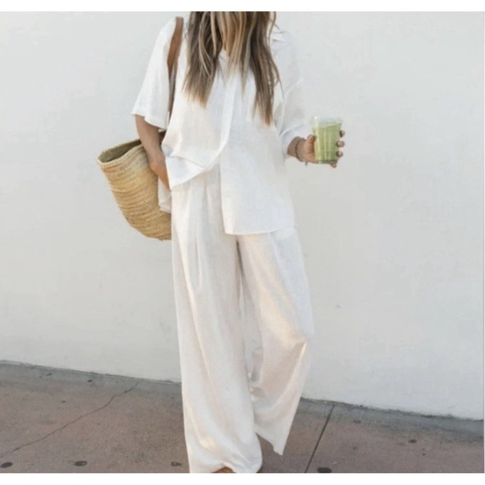 Solai The Label Linen Blend Set Large White Ivory Vacation Top and Pants B-13